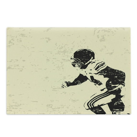 Sports Cutting Board, Rugby Player in Action Running Success in Arena Playground Sport Best Team Picture, Decorative Tempered Glass Cutting and Serving Board, Large Size, Beige Black, by Ambesonne
