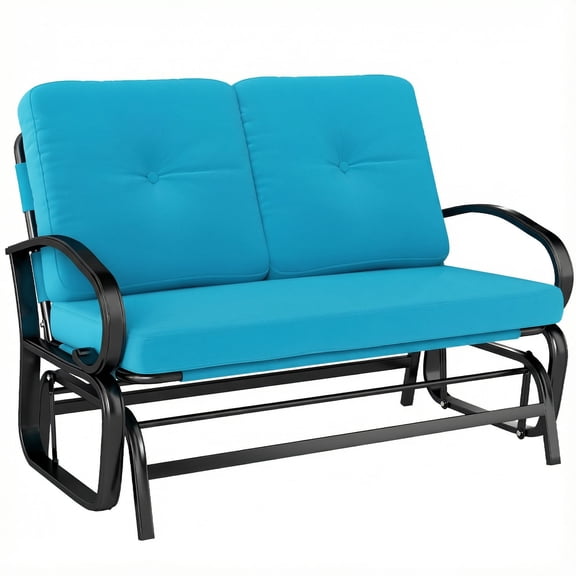 Glider Bench, 2-Person Outdoor Patio Rocker Loveseat with Tufted Blue Polyester Cushions and Steel Frame for Porch, Garden or Backyard