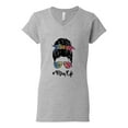thumbnail image 3 of Mom Life Messy Hair Bun | Tie Dye Leopard Print Bandana | Funny Mother's Day Mother's Day Womenâ€™s Standard V-Neck Tee, Heather Grey, M, 3 of 5