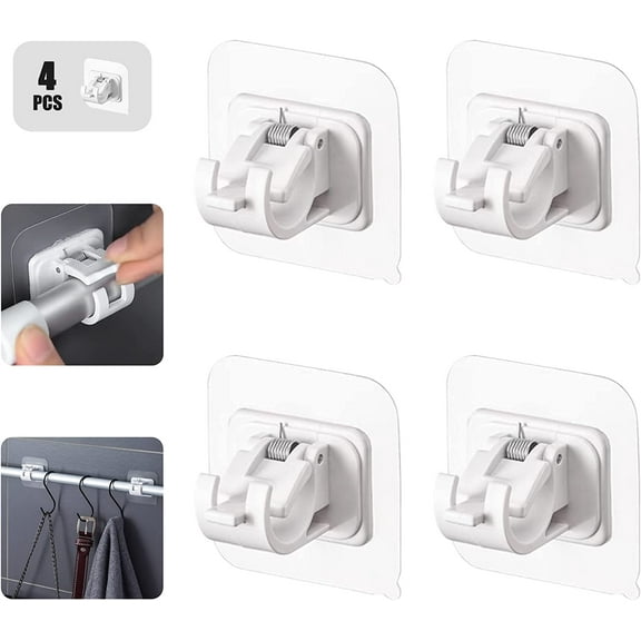 Self Adhesive Curtain Rod Holder,Universal No Drilling Hanging Pole Support,Multipurpose Bathroom Kitchen Hotel Wall Clip,Mounted-Free Clothes Bar Retainer,Adjustable Heavy Duty Hanger Hook(4pcs)