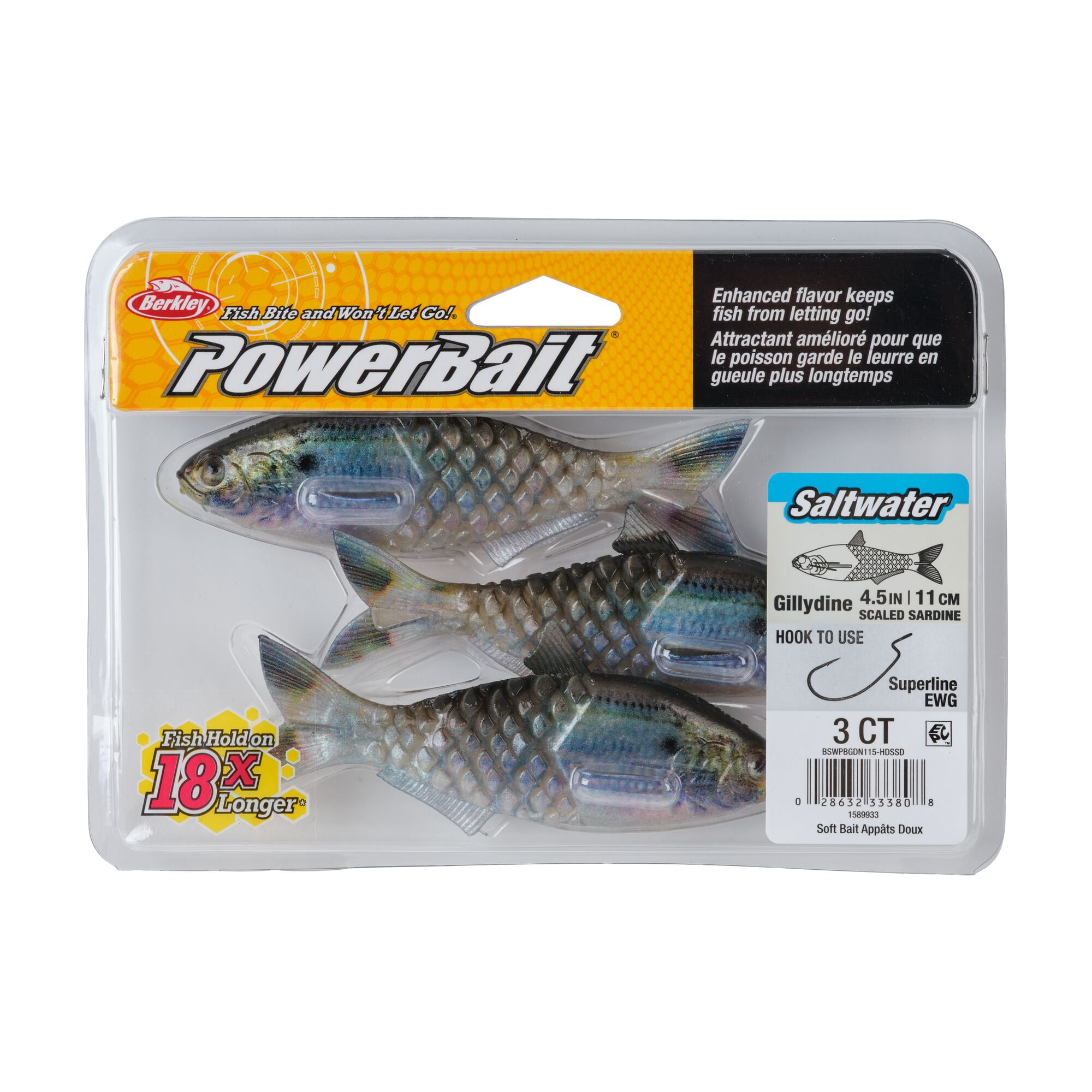 Berkley PowerBait® Saltwater Gillydine, 4.5 in, Swimbaits, HD Scaled Sardine (3-count)
