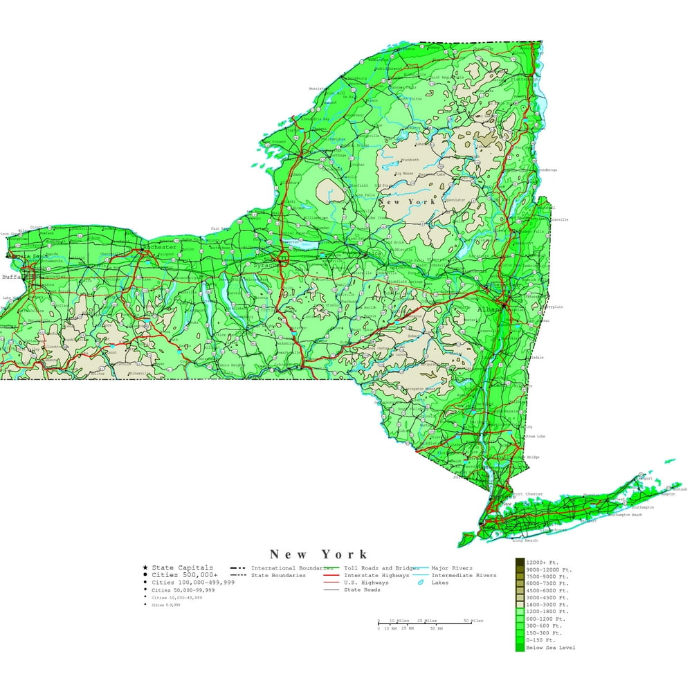 Laminated Map - Contour elevation Map of New York Poster 20 x 30