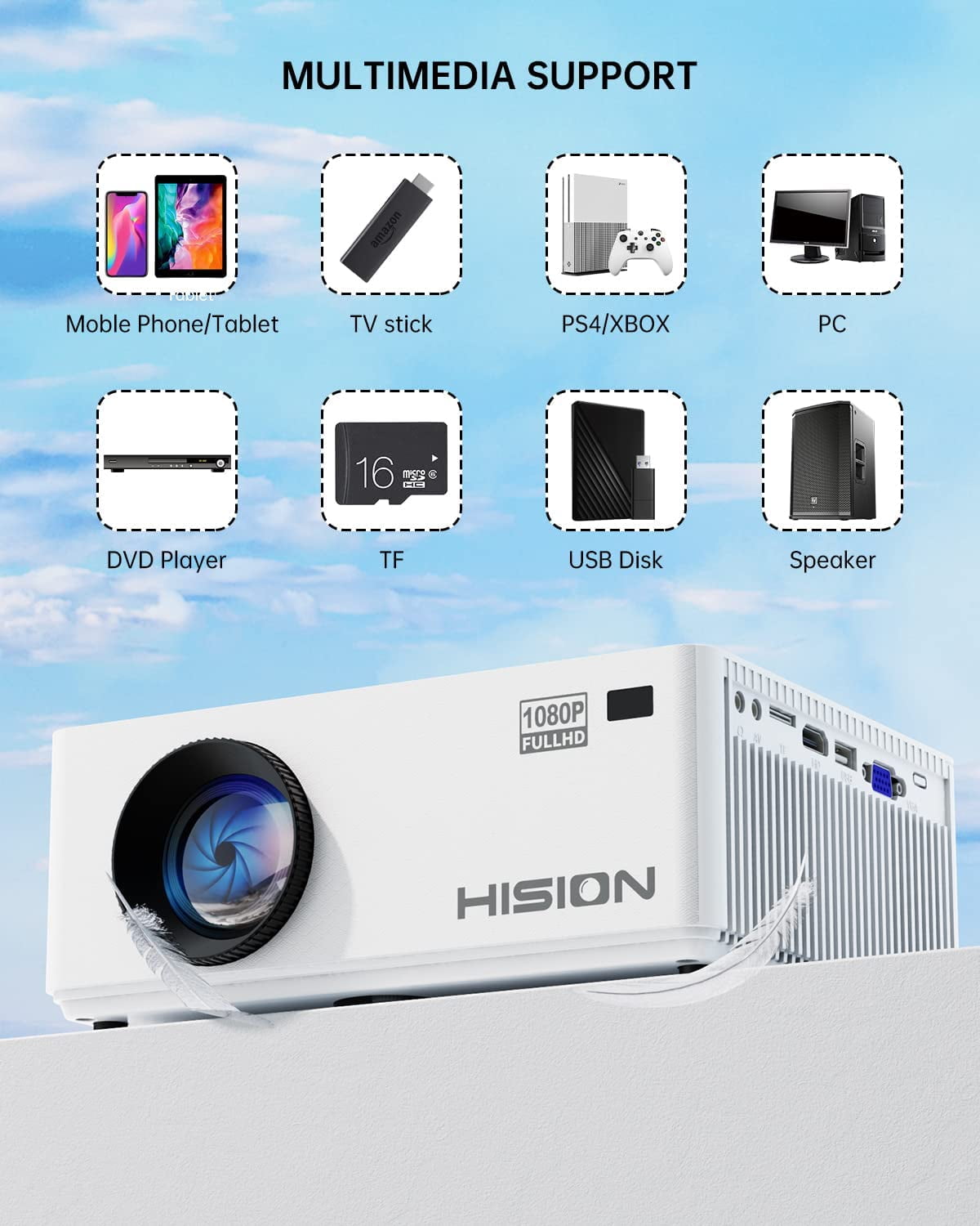 Outdoor Projector, HISION Mini Projector, Full HD Movie Projector