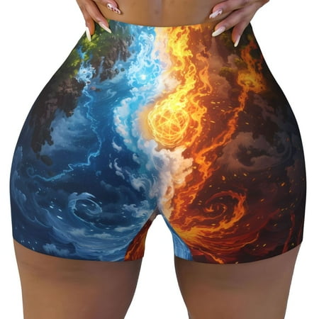 Workout Shorts Women  Red and Blue Flame Waves Biker Shorts for Women Running Gym Spandex Shorts Tummy Control