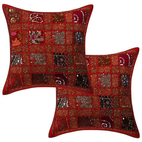 Stylo Culture Ethnic Sequins Decorative Throw Pillow Covers 16x16 Patchwork Embroidered Red 40cm x 40cm Home Decor Cotton Geometric Square Cushion Covers | Set Of 2