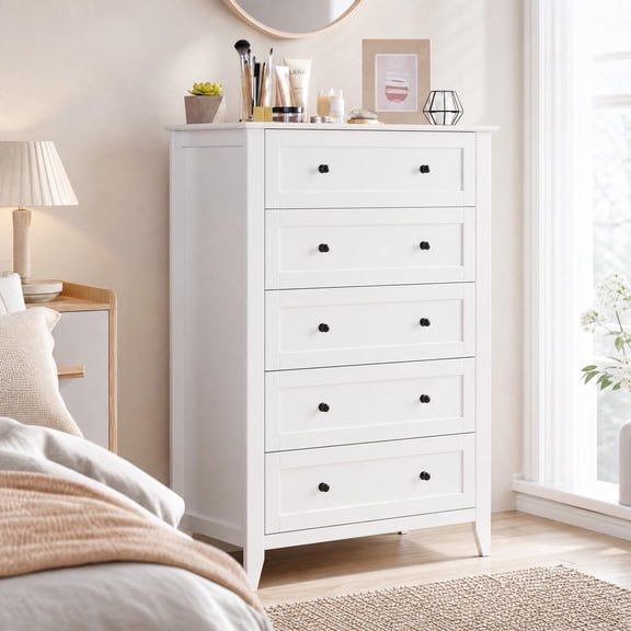 5 Drawer White Dresser, Modern Wooden Storage Cabinet, 42.5 Inch Tall for Bedroom | Drawer Dresser