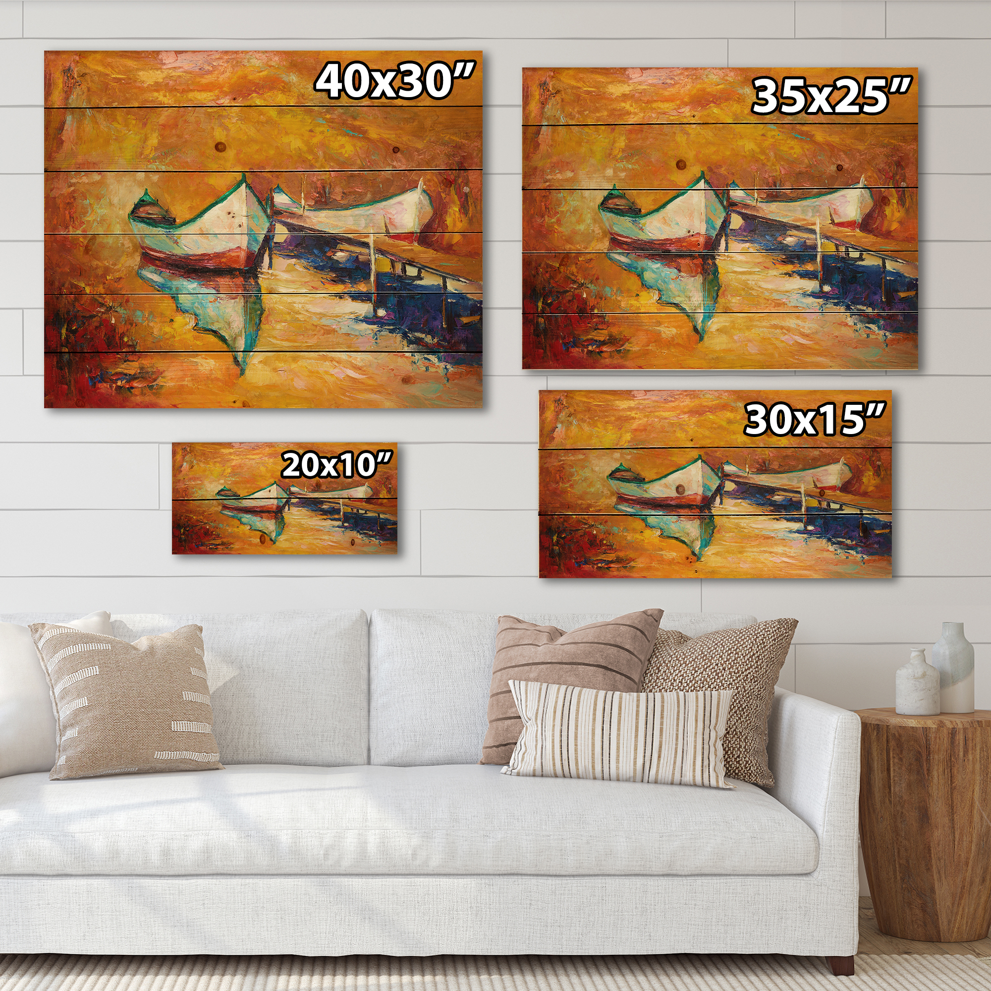 Designart 'Little Boat During Warm and Orange Evening' Nautical & Coastal Print on Natural Pine Wood