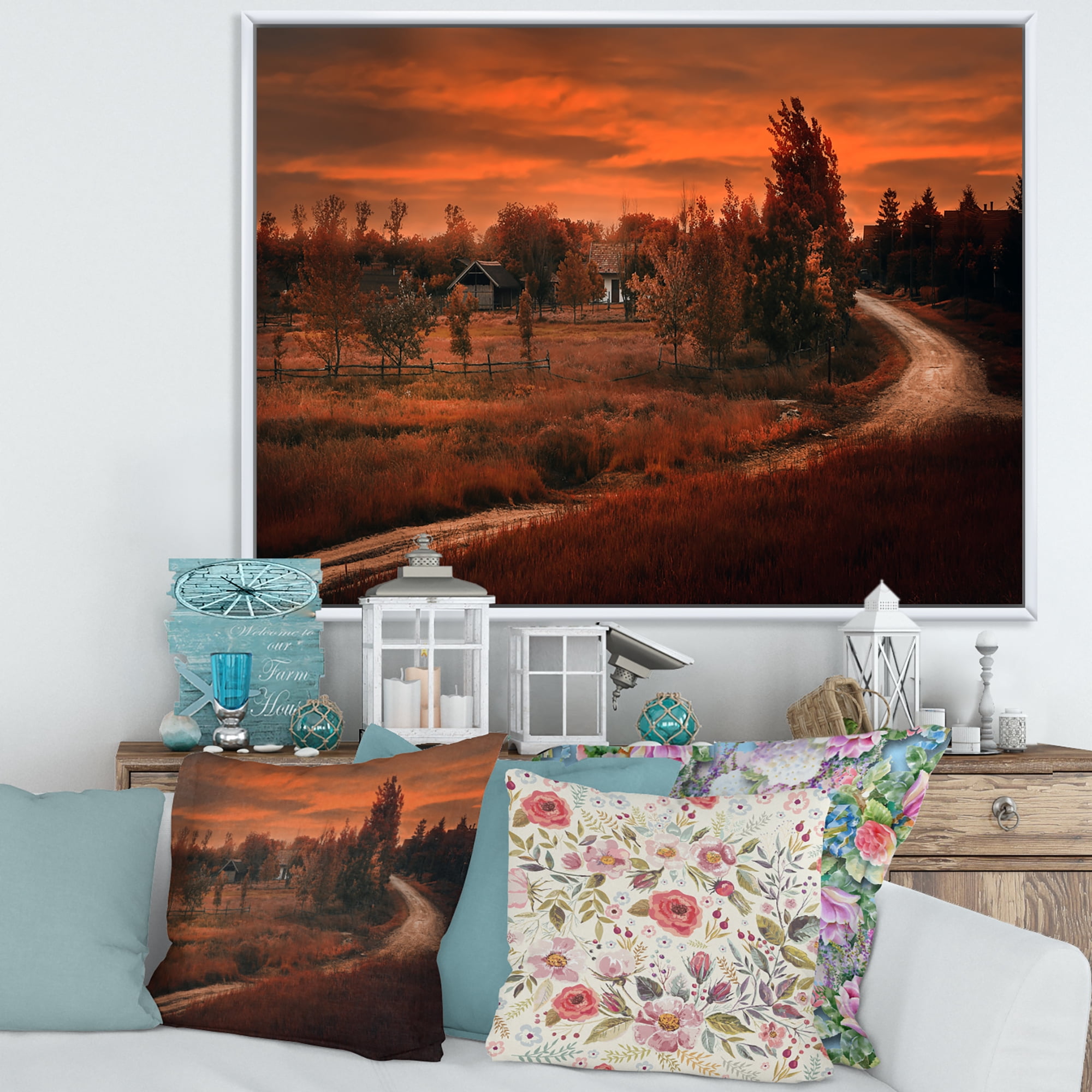 The Road By The Farm In Dark Pink Sunset 40 in x 30 in Framed Painting Canvas Art Print, by Designart