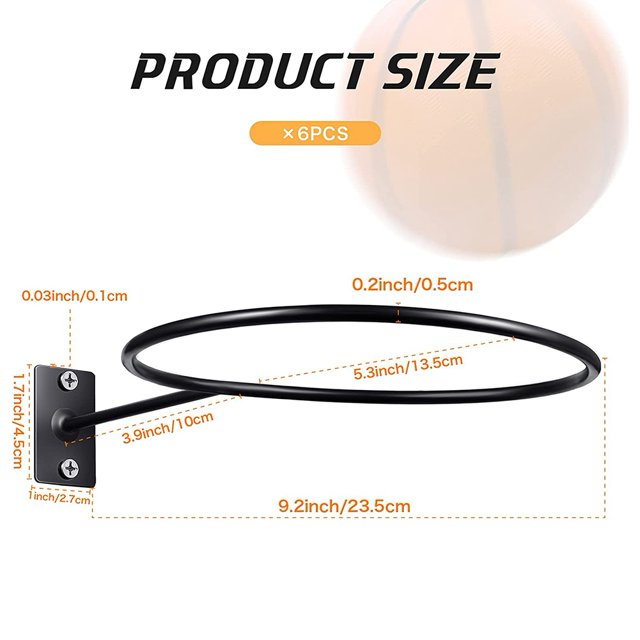 6 Pack Wall Mount Ball Display Ball Storage Ball Rack Ball Holder for Basketball Football Volleyball Soccer
