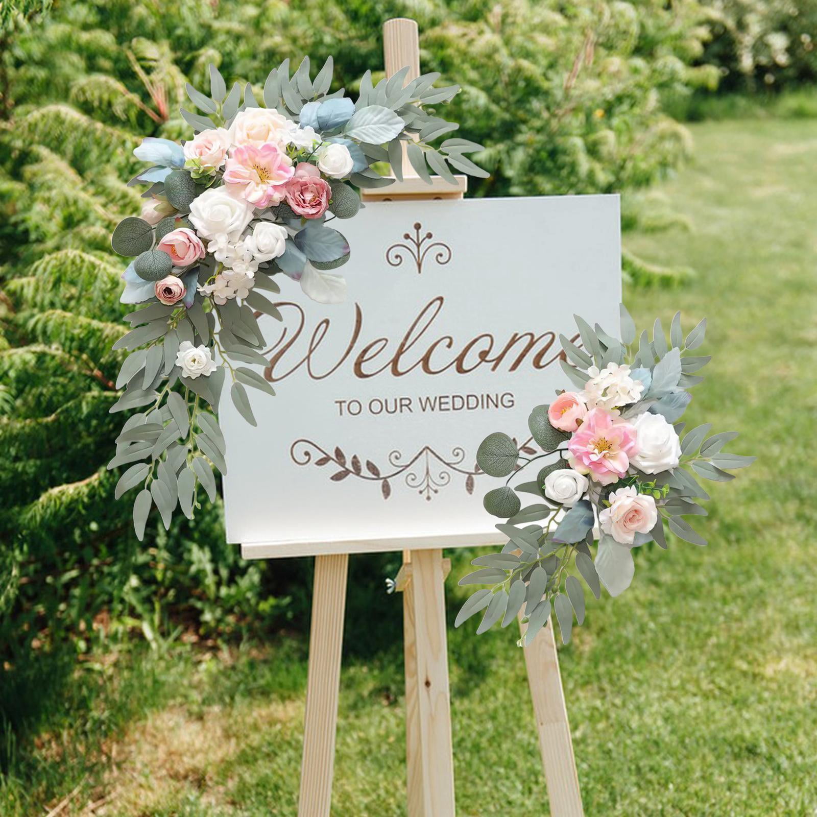 Abbraccia 2 Pieces Wedding Arch Flowers Welcome Sign Decoration Corner Flowers Artificial Flowers for Ceremony Birthday Window Ornament Blue Pink