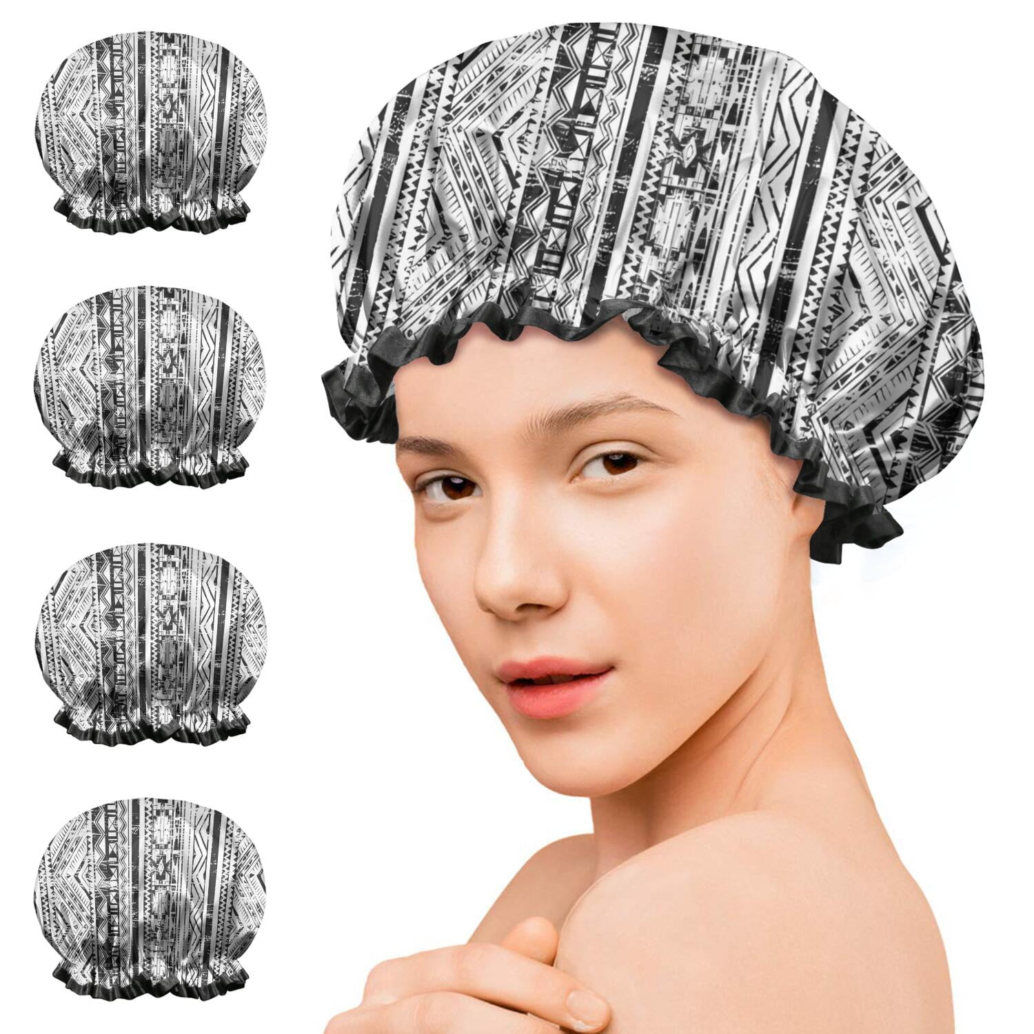 Shower Caps,Black Geometric Triangle Diamond Pattern Waterproof Shower Cap for Women 4 Pieces,Double Reusable Hair Cover for Shower PEVA Elastic Stretch Hem