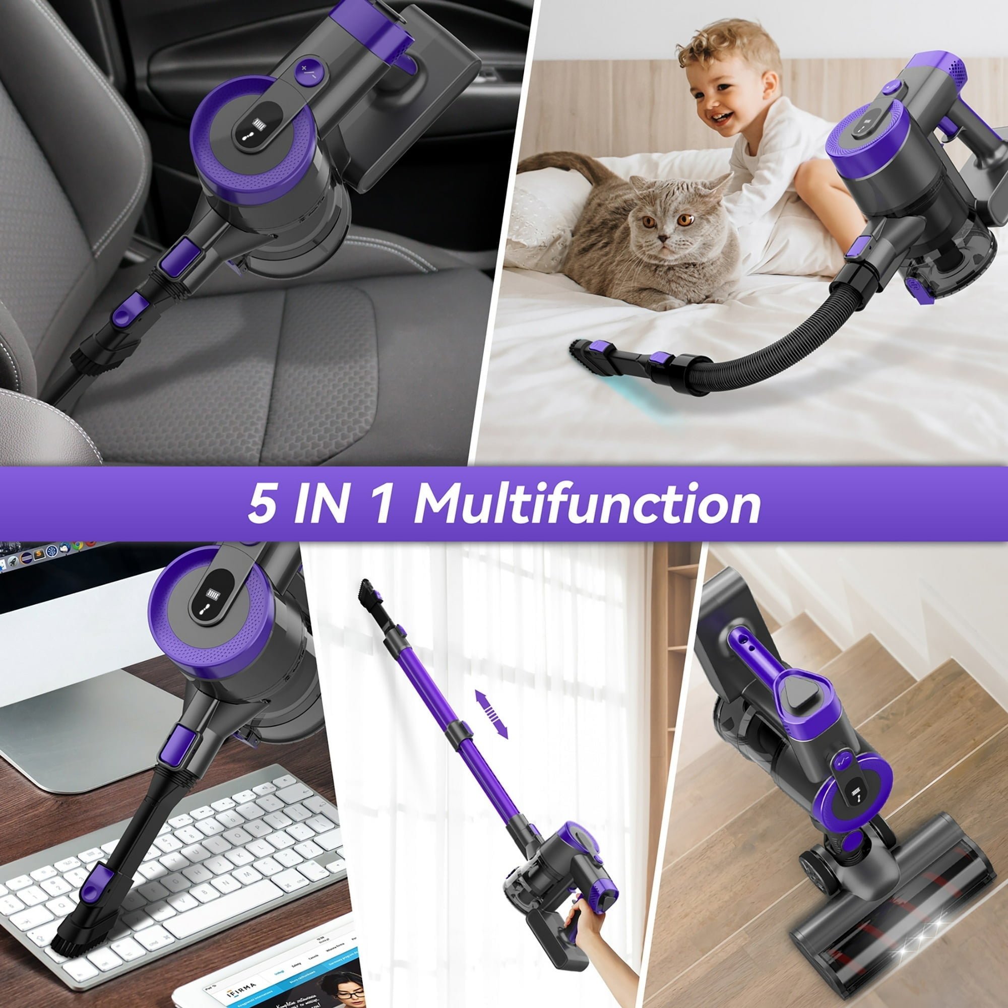 Cordless Vacuum Cleaner, 350W 30Kpa 45 Mins Runtime Powerful Stick Vacuum, 6 in 1 Handheld Vacuum for Home Pet Hair Carpet Hard Floor V90 (Purple)