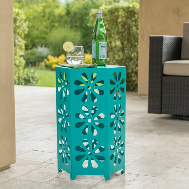 Ellison Outdoor 14 Inch Iron Floral Side Table, Teal