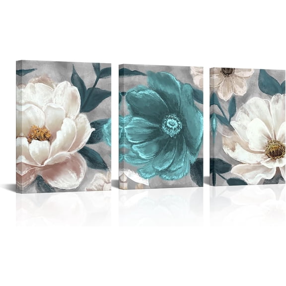 Teal Flower Pictures Aqua Floral Canvas Wall Art Paintings for Bathroom Bedroom Decor Gallery Wrapped 12 * 16in*3pcs