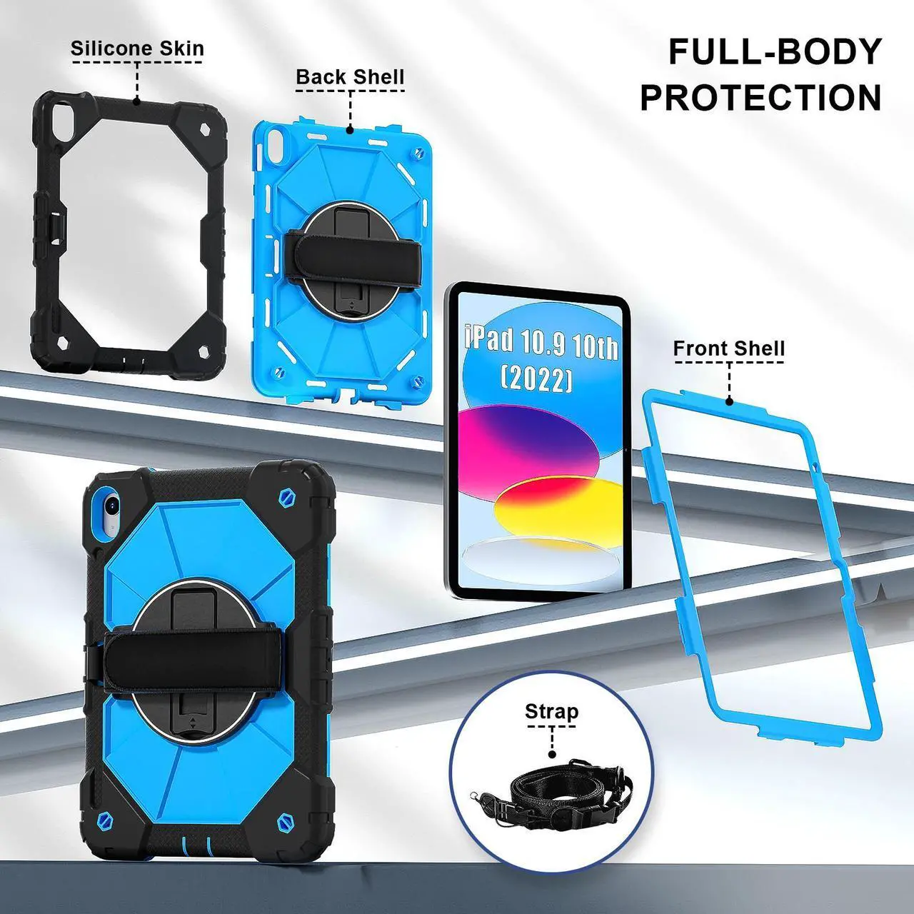 Case for iPad (A16) 11th Generation 11 Inch 2025, iPad 10th Generation 10.9 inch 2022 with Rotating Stand Pencil Holder Hand/Shoulder Strap, Shockproof Protective Cover