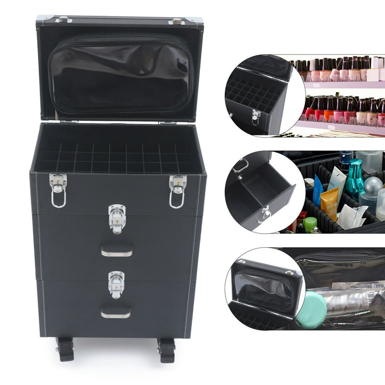 3-Tier Rolling Makeup Train Case Nail Polish Storage Box Organizer