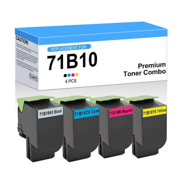 Compatible Lexmark CS/CX317/417/517 Toner Cartridge Set by Superink, featuring four cartridges in black, cyan, magenta, and yellow. Model numbers include 71B10K0, 71B10C0, 71B10M0, and 71B10Y0. Each cartridge offers a yield of 3000 pages for black and 2300 pages for colour. Compatible with Lexmark CS317dn, CS417dn, CS517de, CX317dn, CX417de, and CX517de printers. Packaged in a box labeled 'Replacement for 71B10 Premium Toner Combo.'
