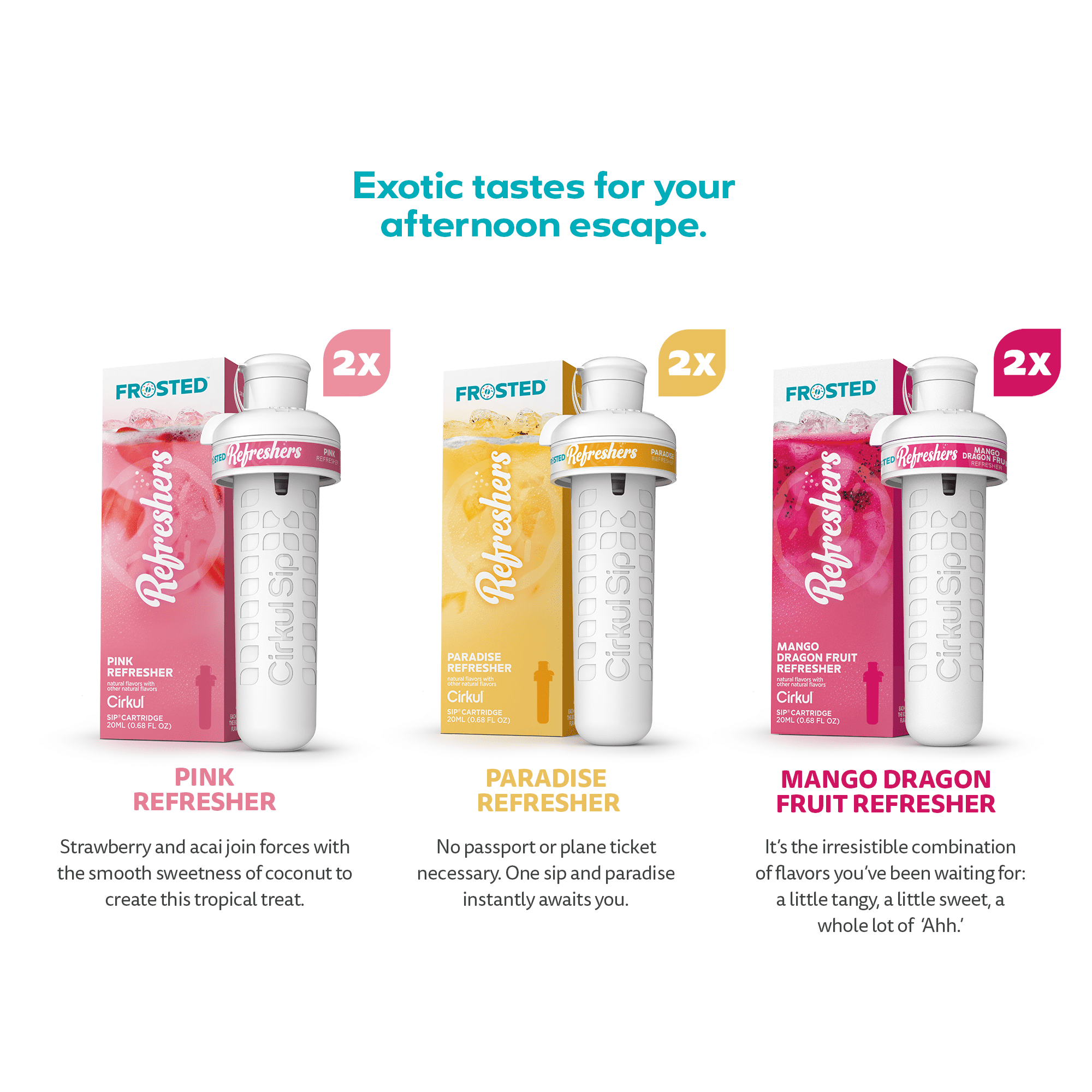 Cirkul Frosted Refreshers Flavor Cartridge Variety Pack, Drink Mix, 6-Pack (2 Pink Refresher, 2 Mango Dragon Fruit Refresher, & 2 Paradise Refresher)