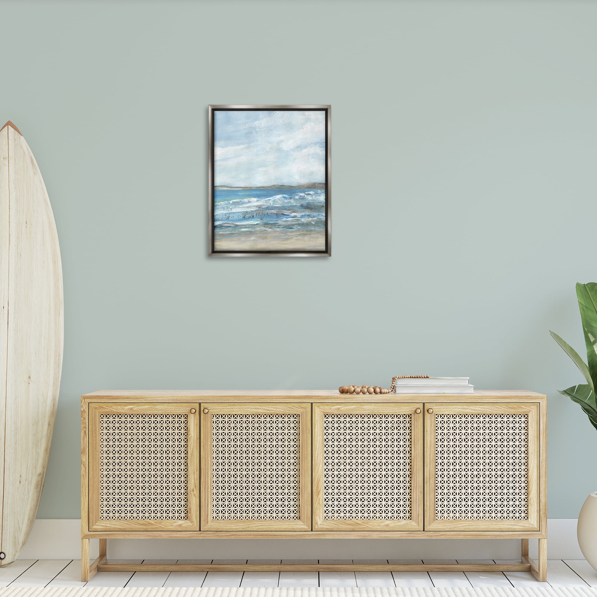 Stupell Industries Sandy Surf Beach Landscape & Nature Painting Gray Floater Framed Canvas Art Print Wall Art, 25 x 31