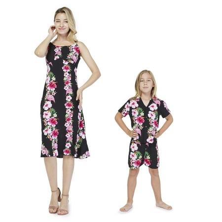 Matching Mother Son Hawaiian Luau Outfit Women Mermaid Dress Boy Shirt Only Pink Black Hibiscus Vine