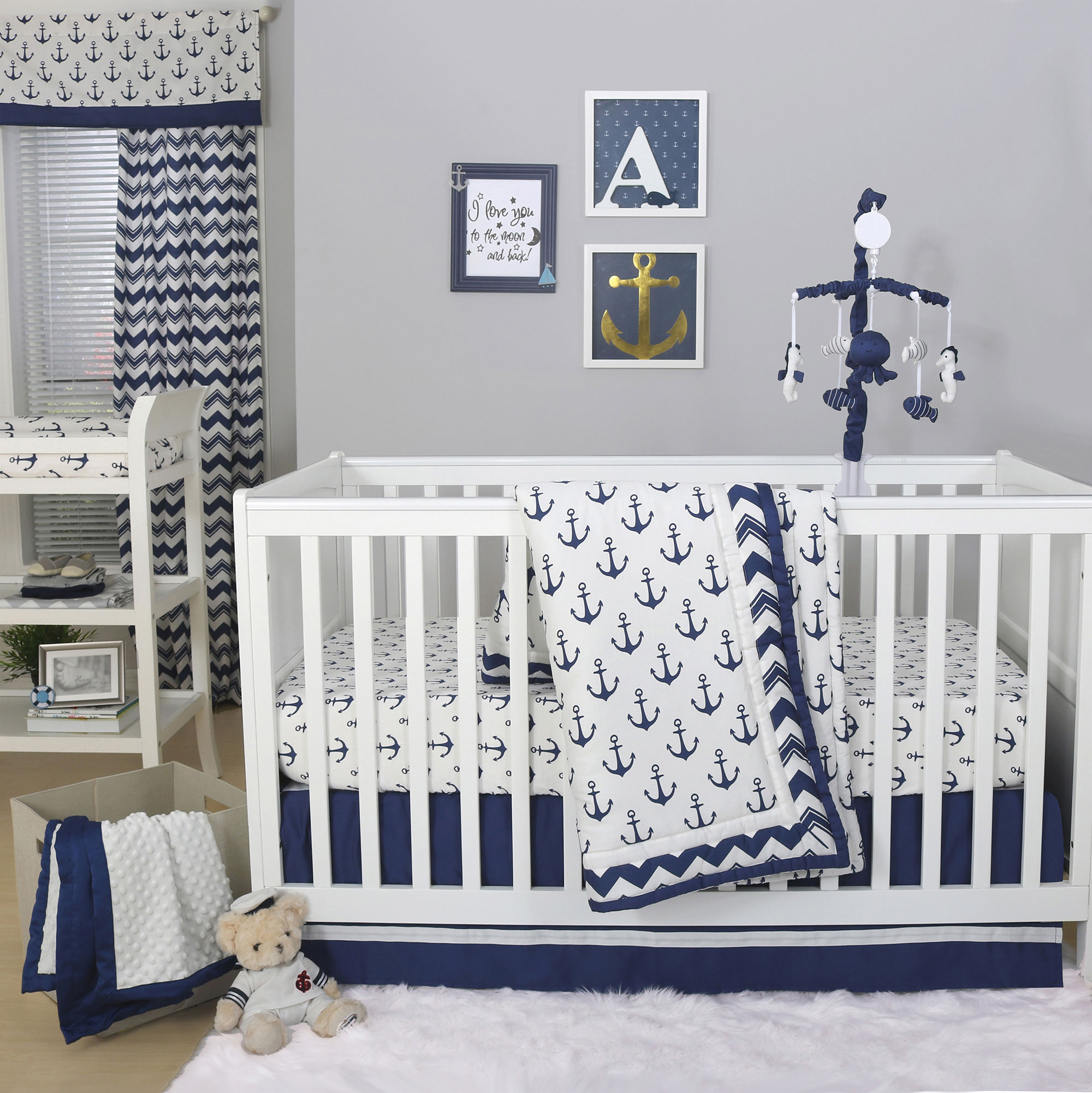 Sail Away Blue Nautical Anchor Baby Crib Bedding 20 Piece Nursery Essentials Set