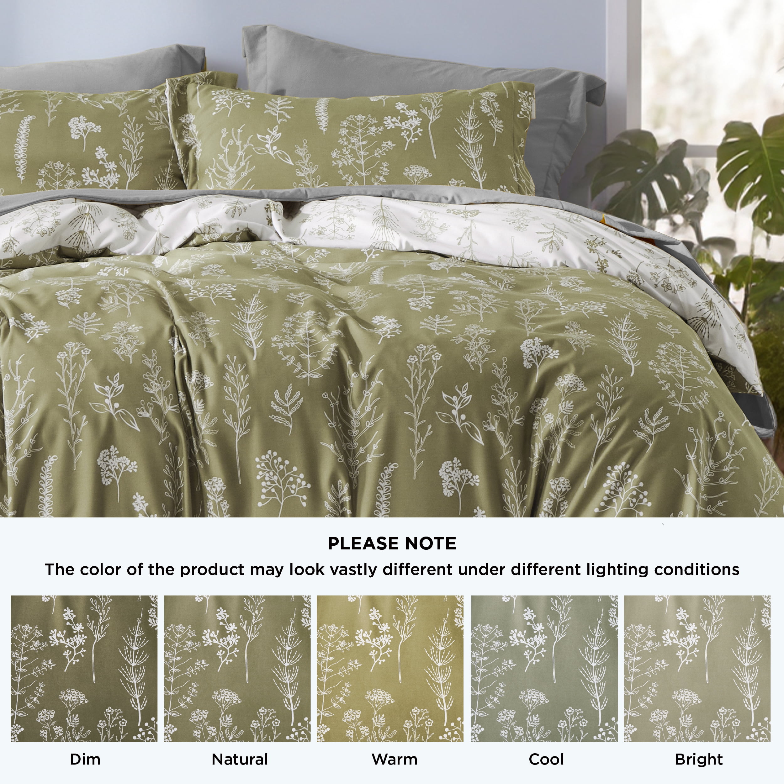 U by Bedsure 3 Pieces Olive Green Floral Comforter Sets, 1 Soft Reversible Botanical Flowers Comforter and 2 Pillow Shams, Queen Size