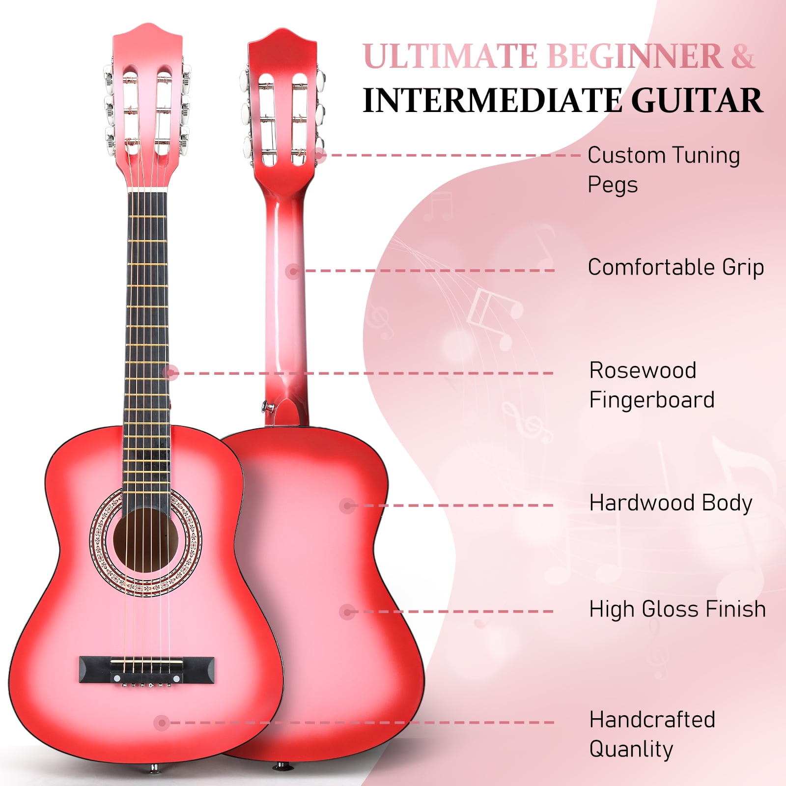 Ktaxon 30in Beginner Round Acoustic Guitar Starter Kit with Bag, Tuner, Extra Strings, Pink
