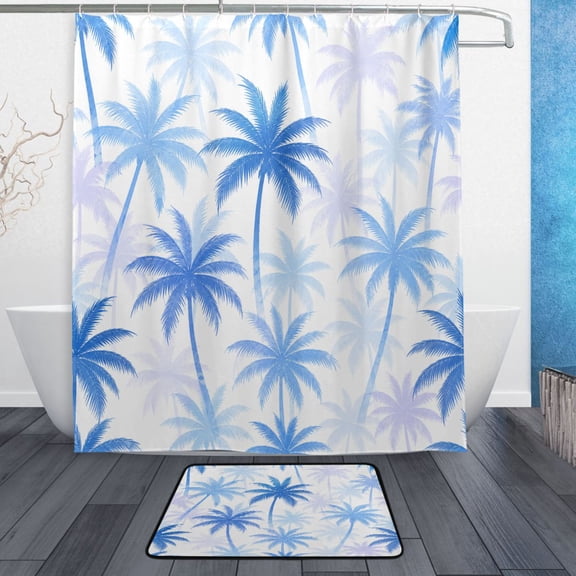 TTYFWHD 60" x 72" Shower Curtain and Bath Mat Set Ocean Blue Palm Trees Pattern Waterproof Bathroom Curtain with 12 Hooks, Bathroom Decor Set