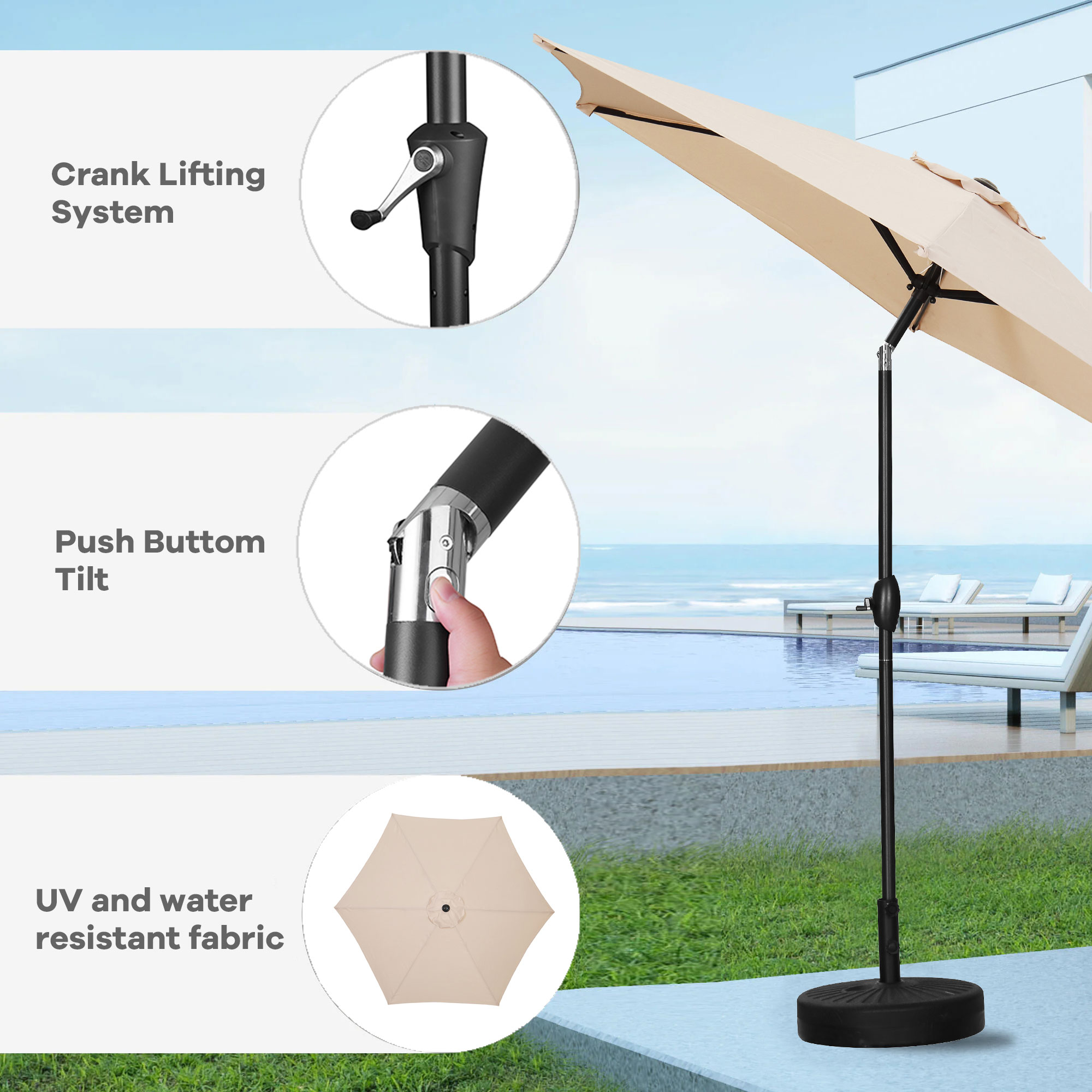 Autlaycil 9ft Outdoor Patio Umbrellass 6 Ribs w/ Tilt & Crank Patio Table Umbrella-Khaki - image 5 of 6