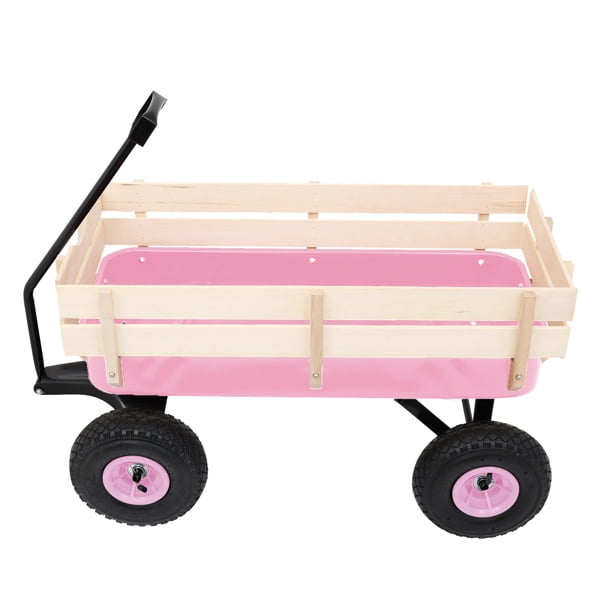 Heavy Duty Steel Wooden Side Support Cargo Wagon with 10" All-Terrain Air Tires, Up to 220lb Load Capacity, for Towing Kids Toys, Gardening Supplies, Pink