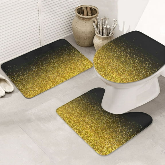 Bathroom Rugs Sets 3 Piece - Gold Glitter Gradient Absorbent Non Slip Bath Mats, U-Shape Toilet Lid Cover, Contour Mat, Soft Washable Shower Mats Bath Rug Mat for Bathroom Tub Toilet