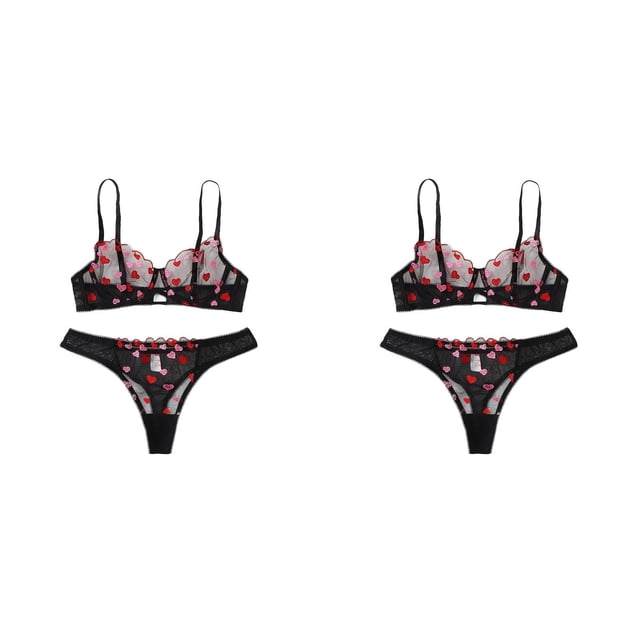 (2-Pack) Rinsvye Bra Polyester Heart Embroidery That Covers Daily Woman Pin Up for Women Plus Size for Valentines Day for Woman Plus Size Cosplay L