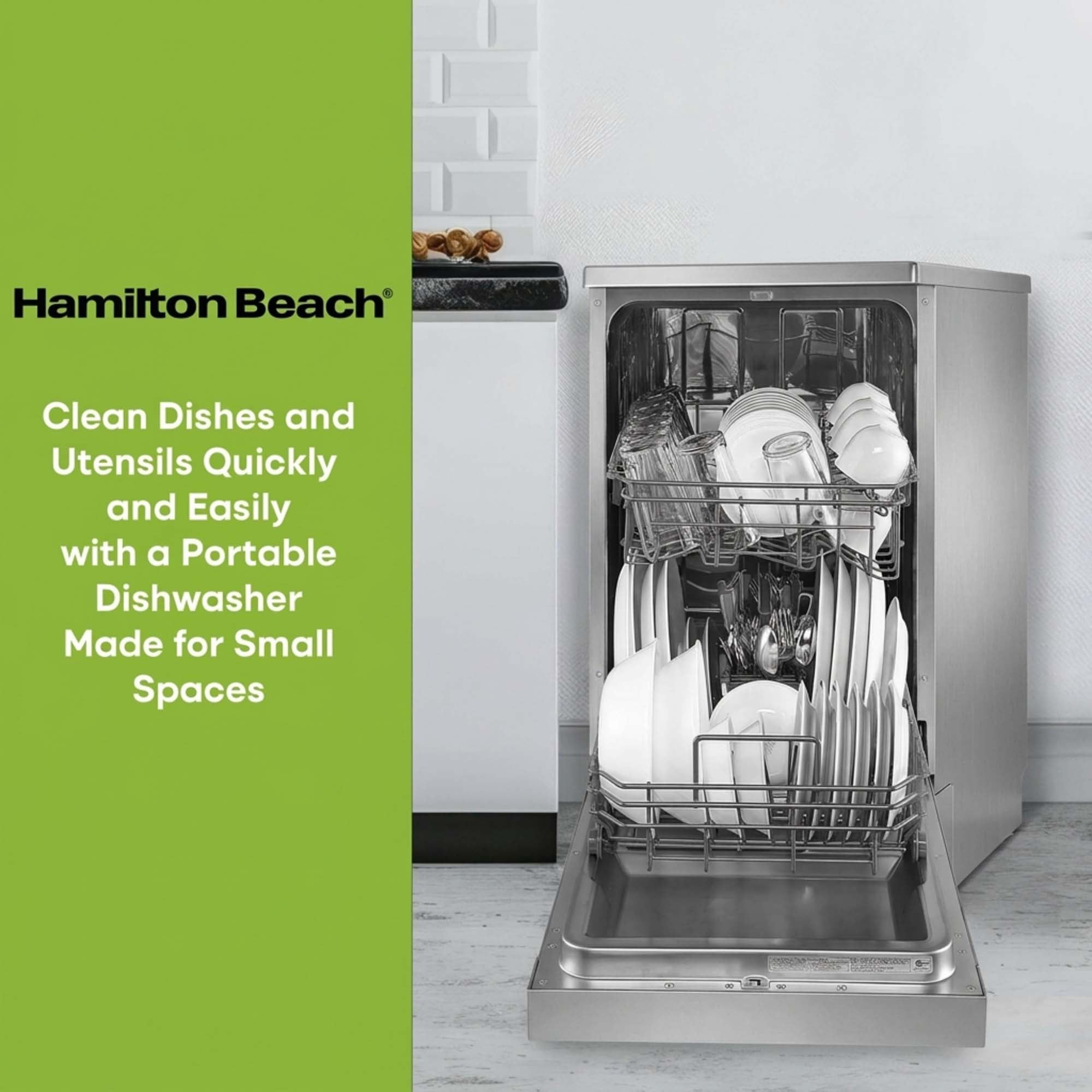 Hamilton Beach 8 Place Setting 18" Portable Dishwasher for Kitchen, RV, or Apartment with Quick Faucet Connection, 6 Wash Cycles, and Rolling Caster Wheels, Stainless Steel