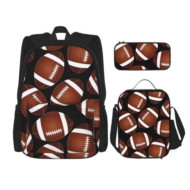 Disketp Brown Football On Black Mochila Estampada de Gran Capacidad con Lonchera y Estuche, Set de 3 Piezas para Estudiantes