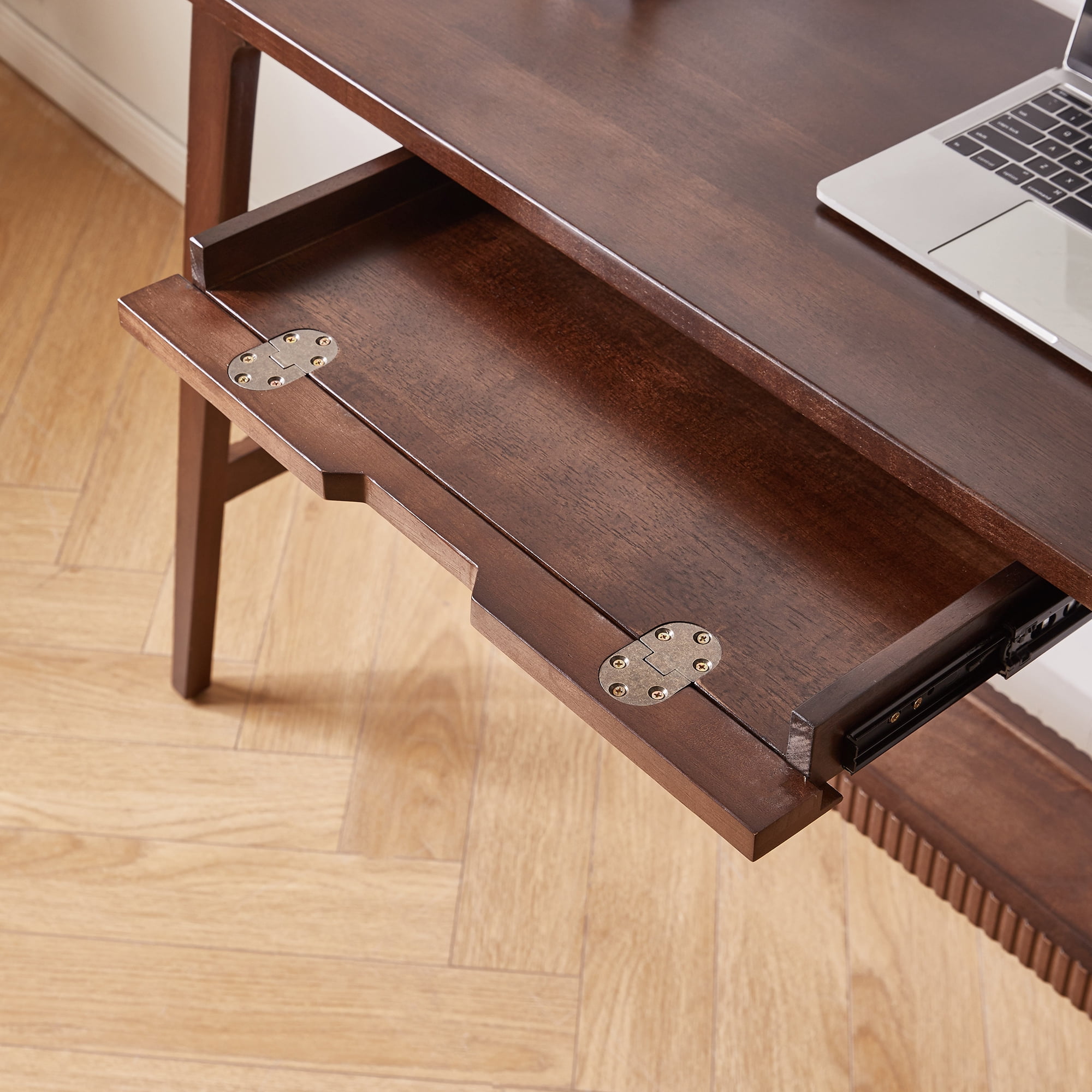 Solid Rubber Wood Desk with Drawer and Storage Shelf, 47.24 in Walnut