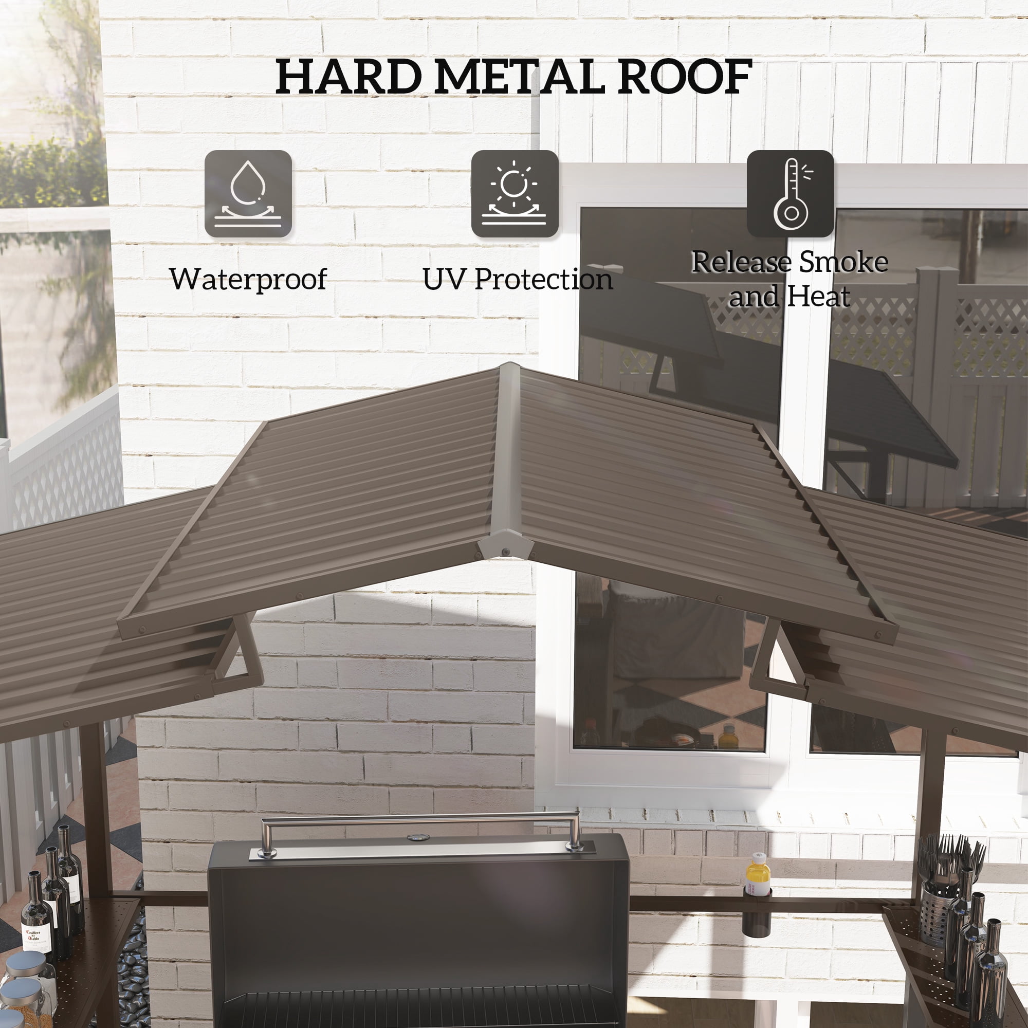 Outsunny 8' x 5' Hardtop Grill Gazebo, Outdoor BBQ Gazebo with Double Metal Roof, 2 Side Shelves and 4 Cup Holders for Patio Backyard Lawn Deck
