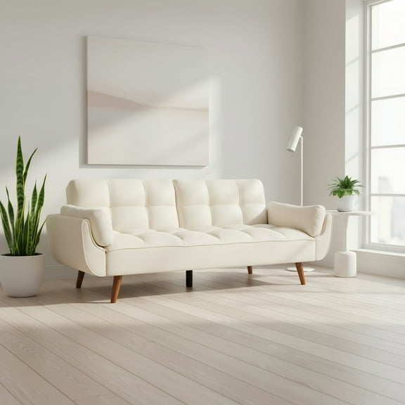 Gewnee Mid-Century Modern Beige Sofa - Solid Eucalyptus Wood Frame, 500 lbs Capacity, S-Shaped Springs for Apartments, Living Rooms, Studies