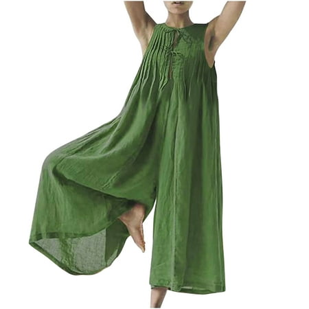 

Summer Savings Clearance! PEZHADA Bodysuit for Women Jumpsuits for Women Rompers for Women Women Casual Solid Cotton Linen Romper Long Playsuit Zipper Short Sleeve Jumpsuit Green XL