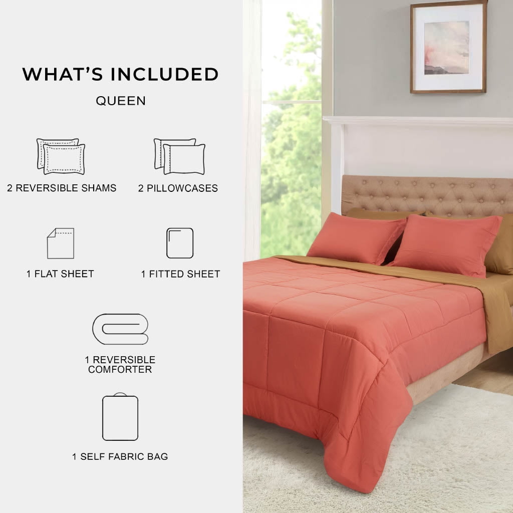 Mainstays All in One Reversible Comforter and Sheet Set- 7 Piece, Queen, Red Canyon