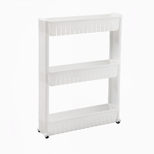 Plastic Storage Rack 54x12x71cm Movable Storage Rack with Pulley Organizer White Plastic 3-Tier Multi Shelf for Kitchen Living Room Refrigerator Gaps Single Piece JASKFLY