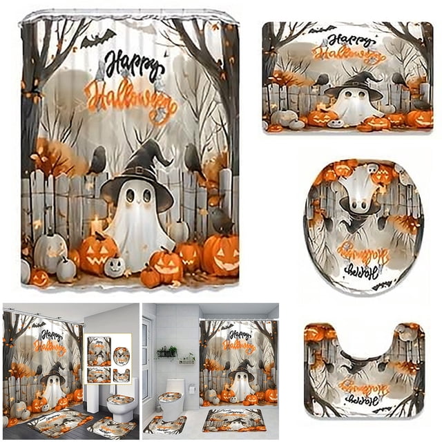 Cortina Ducha Lindo Dibujos Animados Fantasmas Set Halloween Lavable Baño Poliéster Tela Bañera Con Ganchos para