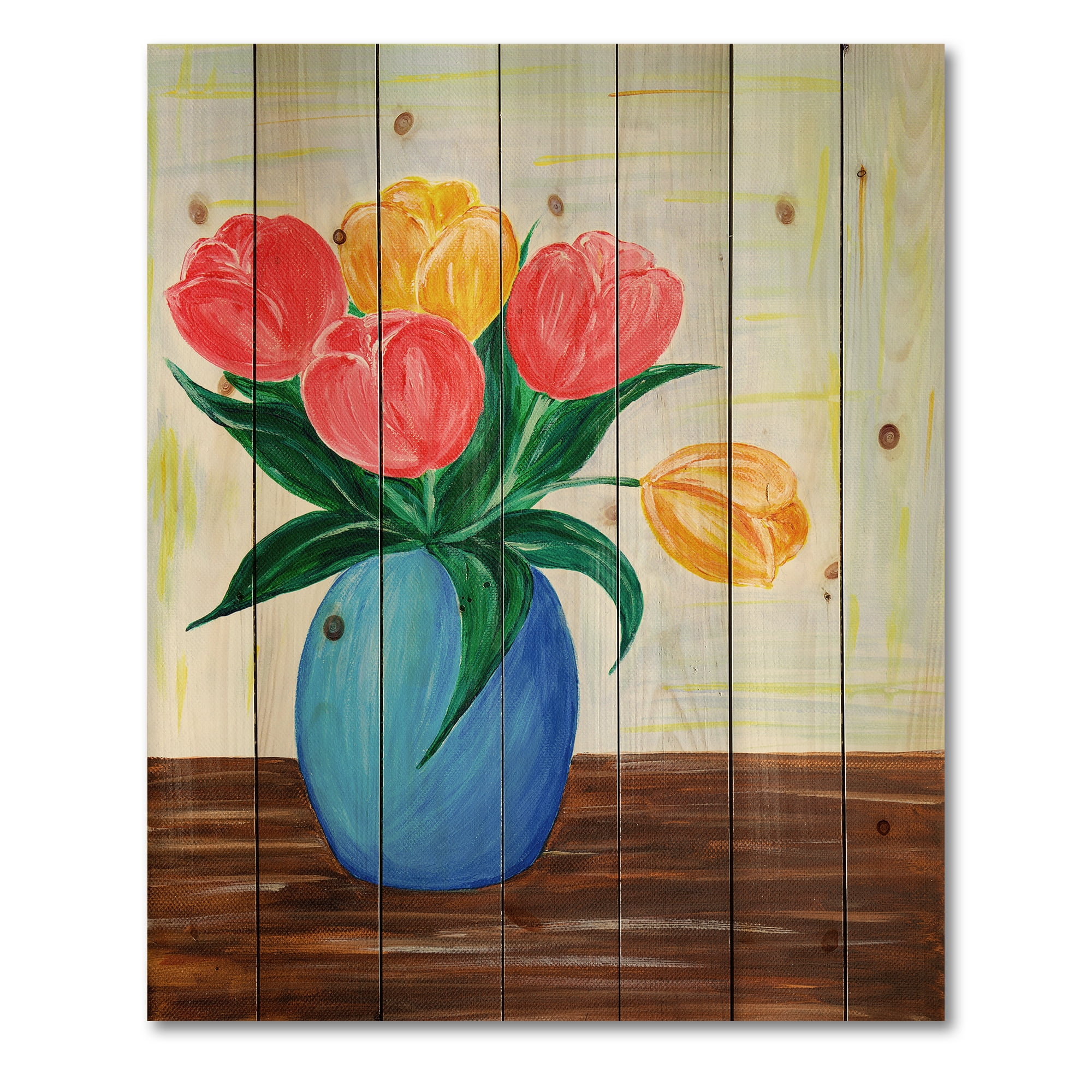 Designart 'Bouquet Of Orange and Red Tulips In A Vase' Traditional Print on Natural Pine Wood