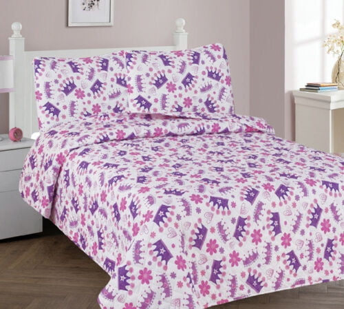 3-Piece Full Crown Princess Purple for Kids Microfiber Bedding Quilt Set, 1 Print Quilted Coverlet with 2 Matching Pillow Shams Included