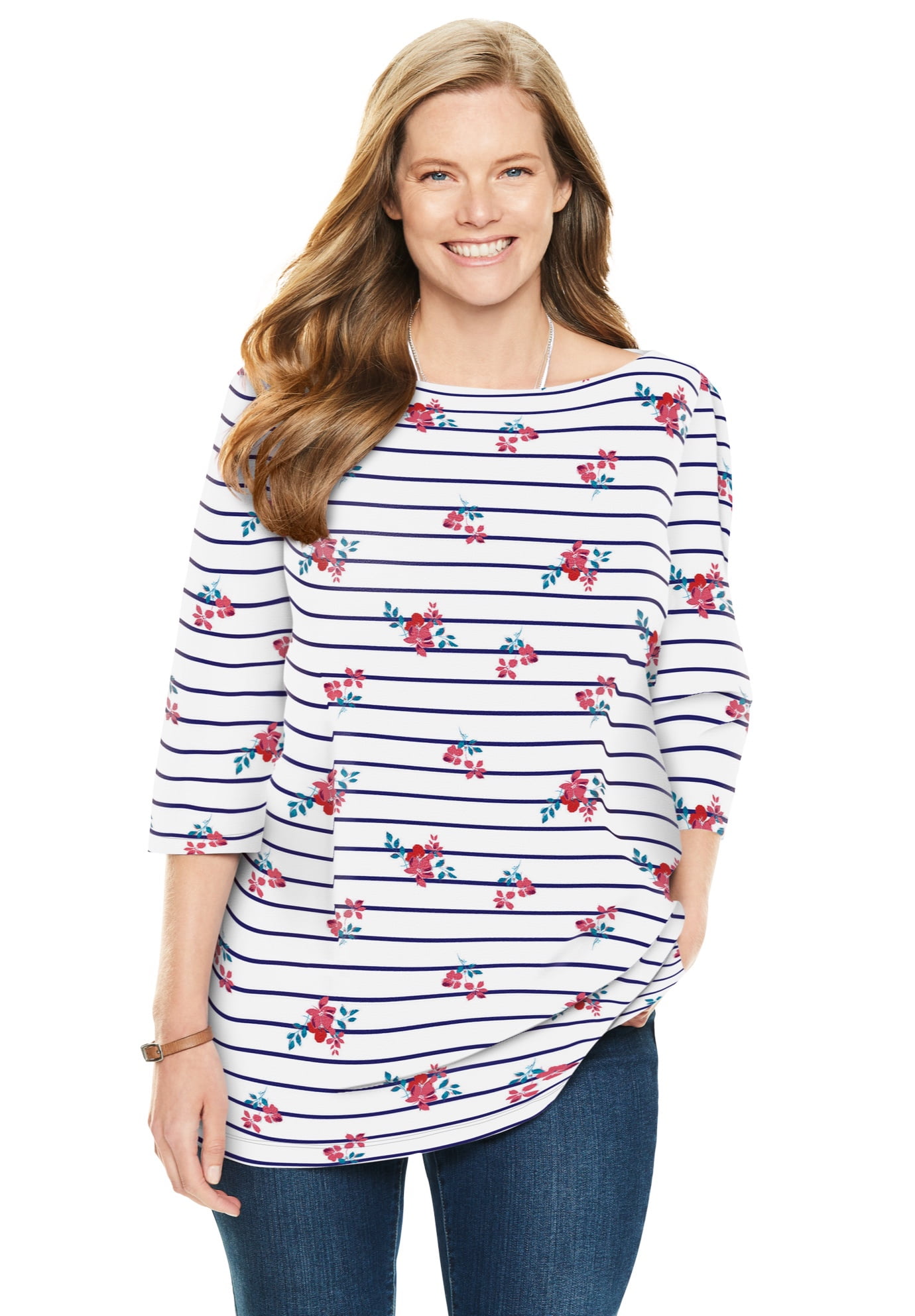 Woman Within Womens Plus Size Perfect Three-Quarter Sleeve Boat-Neck Tee Shirt
