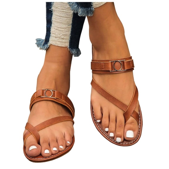Rokment Women's Beach Slides Flip Flops Backless Flat Dress Sandals Vintage Simple Leather Casual Slip-On Flipflops Summer Vacation Thong Walking Slippers Brown Size 6.5