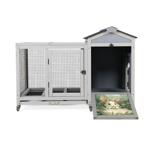 Resenkos Wooden Hutch, Weatherproof Pet Home With Wheels, Removable Tray, Rabbit, Duck, Squirrel, Guinea Pig Cage, Gray With Colorful Patterns