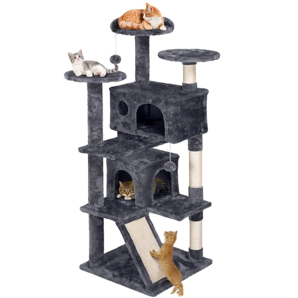 SmileMart 54" Double Condo Cat Tree with Scratching Post Tower, Light Gray