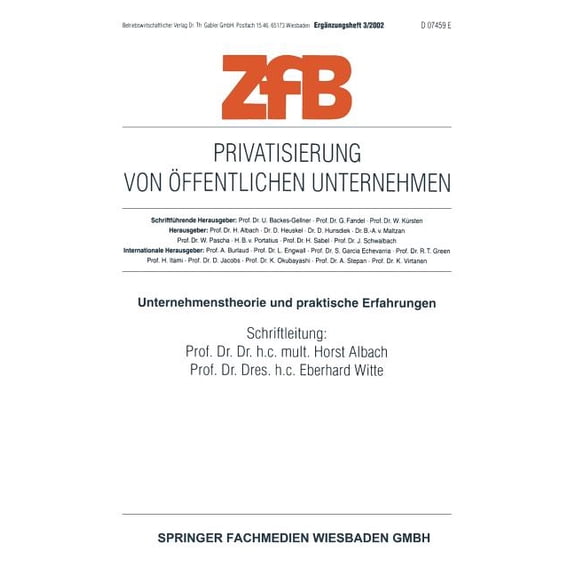 Zfb Special Issue Privatisierung Von Ãffentlichen Unternehmen: Unternehmenstherorie Und Praktische Erfahrungen, Book 3, (Paperback)