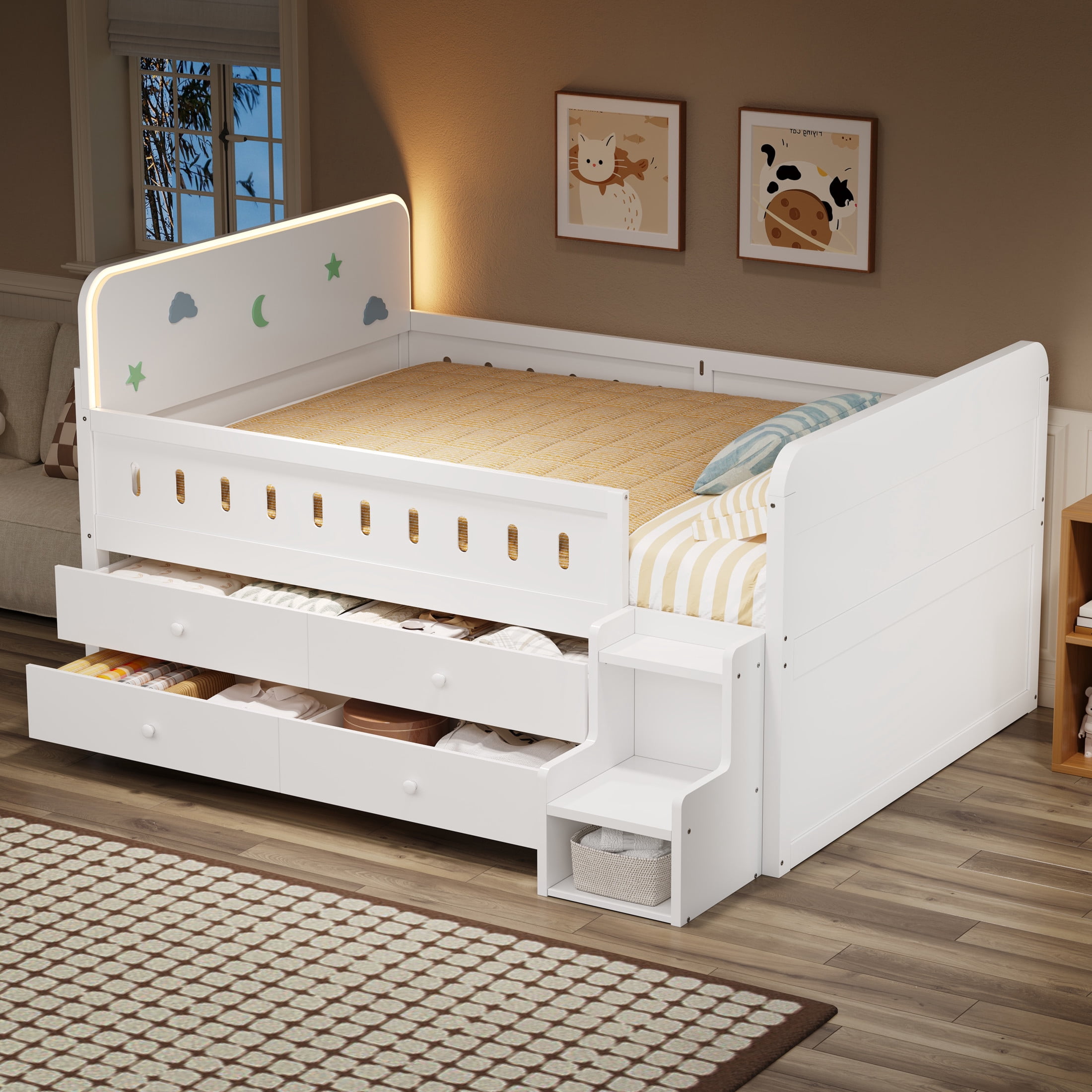 Noble House Halden Full Size Wooden Bed, Integrated LED Lighting and 4 Storage Drawers with Ladder, White