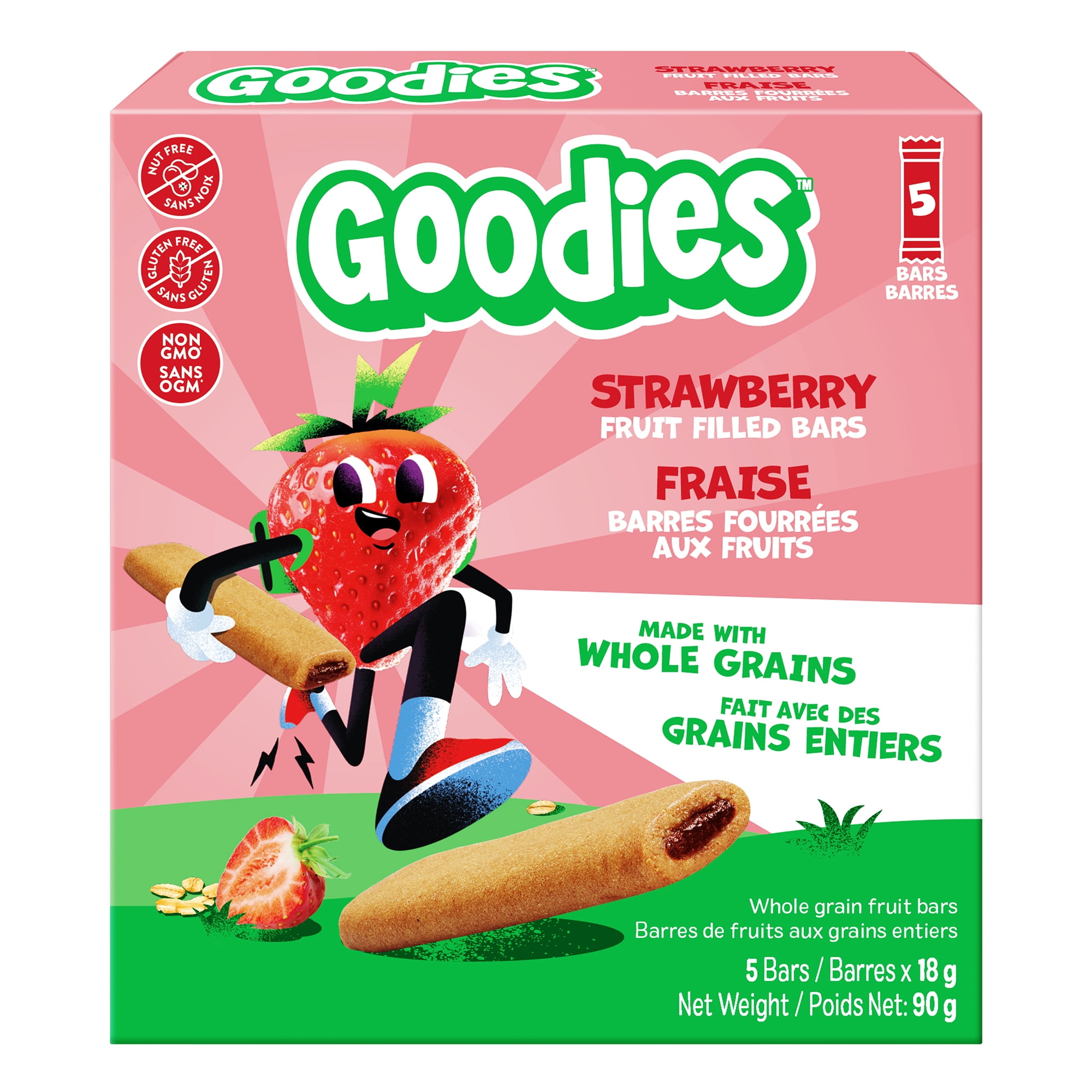 Goodies Strawberry Fruit Filled Bars, Whole Grain Gluten Free Snack for Kids 4+ Years, Nut Free, Source of Fibre, 18g Bar (5 Pack), 90g